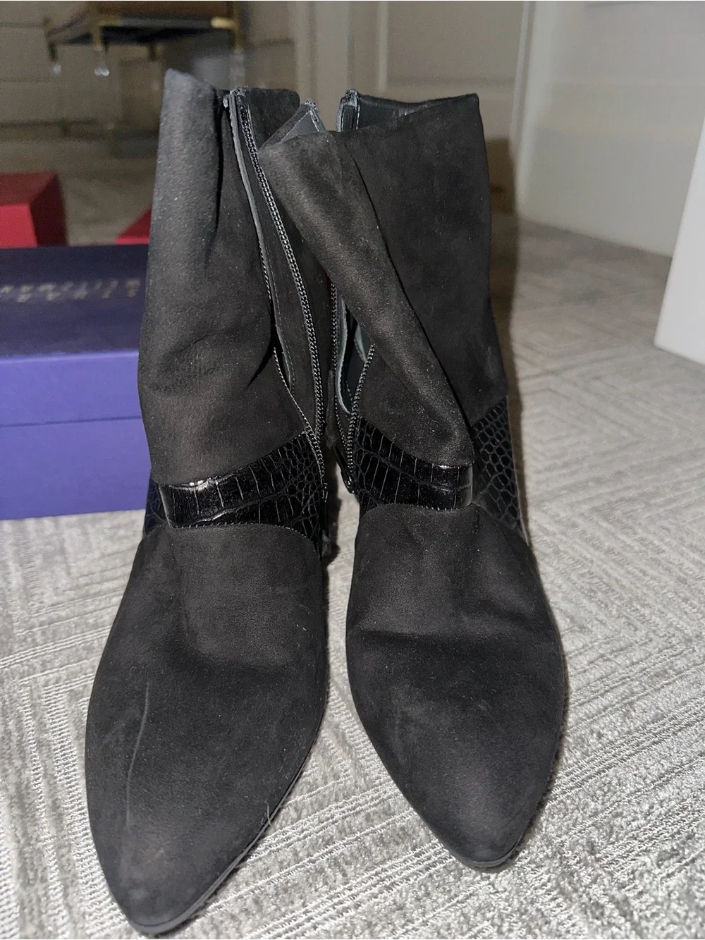 Stuart Weitzman Black Suede & Croc-Embossed Ankle Booties